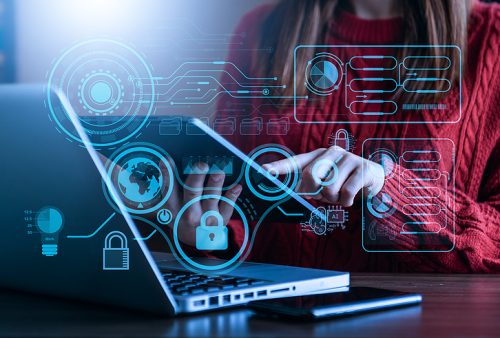 Cyber security and data protection information privacy internet technology concept.Business working on computer show padlock protecting business and financial data technology concept.